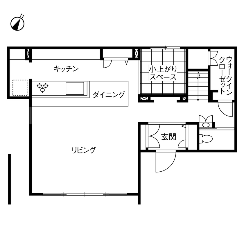 トヨタホーム ふたりで料理をしてゲストを招いて、食事とおしゃべりを楽しむ家の間取り図（2LDK）1階