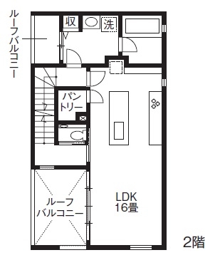 RC design 【30坪ビルトインガレージ/中庭/間取り】見て美しく、住んで楽しい。家事ラク・趣味”楽”の家族の憩いの場の間取り図（3LDK）２階