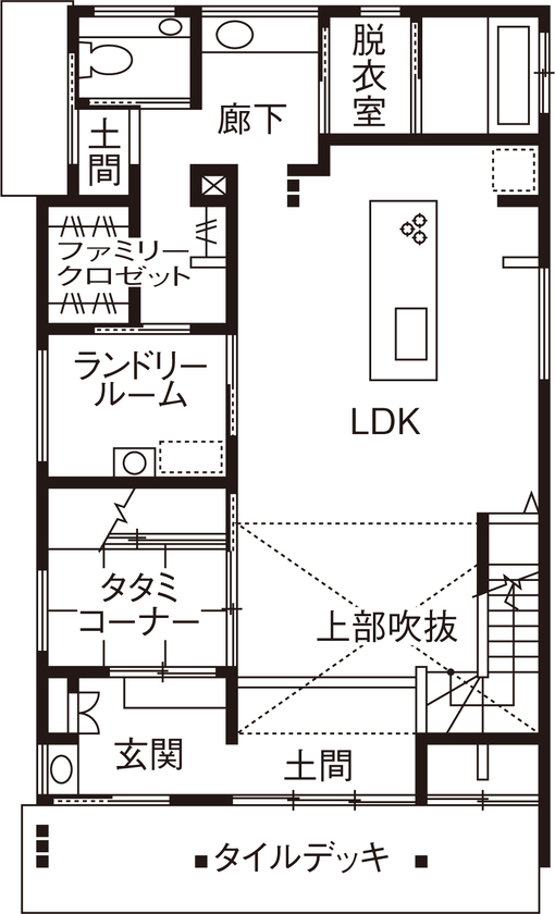 大進建設 リビングの吹き抜けが開放感を演出する家族がくつろぐ家の間取り図（3LDK(4LDK)）1階