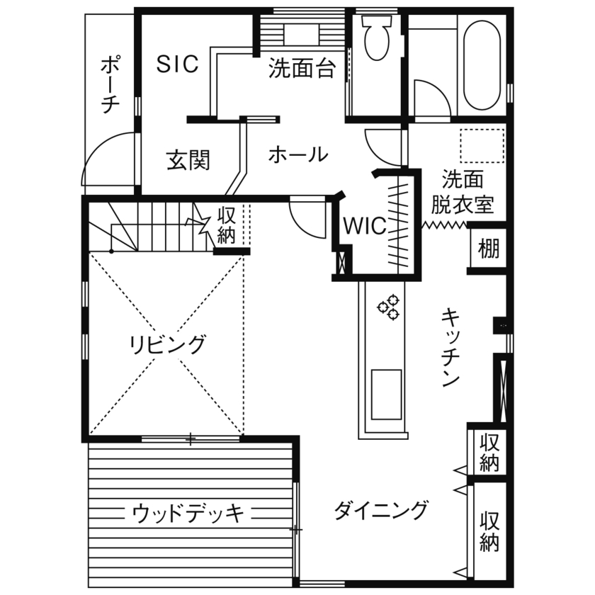 一級建築士事務所　フォルム 【1800万円/間取り図有/スキップフロア/自然素材】明るく開放的なリビングが印象的な2.5階建ての間取り図（4LDK）１階