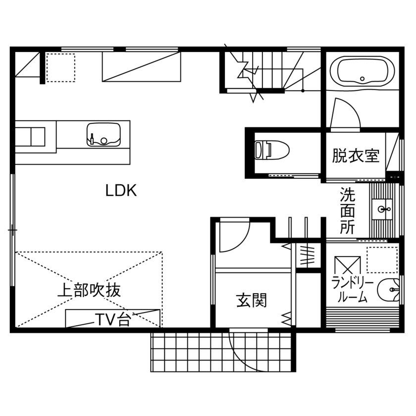 一級建築士事務所　フォルム 【2100万円／吹抜／収納充実／間取図】限られた予算でも第一種熱交換換気を実現！心地よさと緑と暮らす家の間取り図（3LDK+洗濯室）1階
