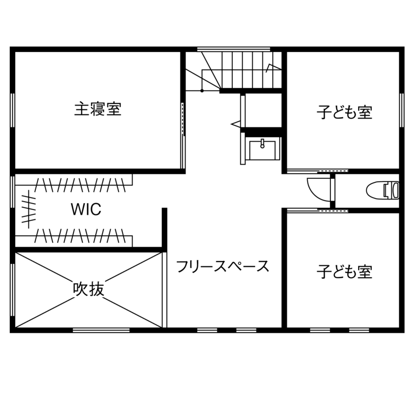 一級建築士事務所　フォルム 【2100万円／吹抜／収納充実／間取図】限られた予算でも第一種熱交換換気を実現！心地よさと緑と暮らす家の間取り図（3LDK+洗濯室）2階