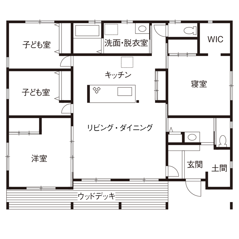 よしこホーム 【2000万円台前半/ウッドデッキ/無垢材】床や天井から伝わる木の質感と開放感が嬉しい平屋の家の間取り図（4LDK）1階