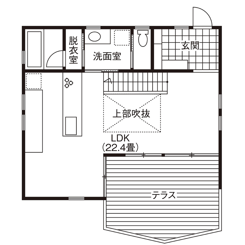 エステート白馬 【2000万円台|30坪台|都市の家】空間を効果的に使う3層構造。テラスと吹抜け、3つの子ども部屋、小屋裏収納の間取り図（4LDK+ロフト）1階