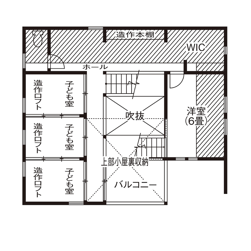 エステート白馬 【2000万円台|30坪台|都市の家】空間を効果的に使う3層構造。テラスと吹抜け、3つの子ども部屋、小屋裏収納の間取り図（4LDK+ロフト）2階