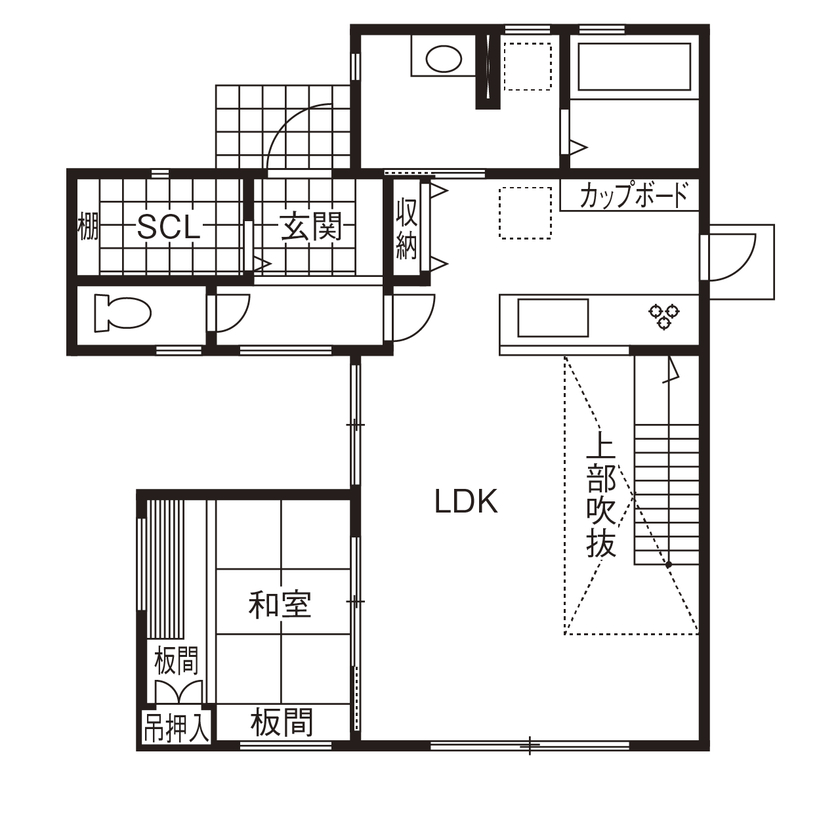 天然木の家　HODAKA 一級建築士事務所 【京都/スケルトン階段/造作洗面】ガルバリウム張り、デコボコしたフォルム。個性的な外観でおしゃれを追求の間取り図（4LDK）1階