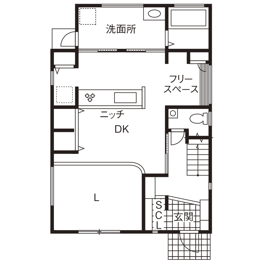 天然木の家　HODAKA 一級建築士事務所 【京都/ガルバリウム/家事スペース】スキップフロアやロフト、タイルと天然木、大人の玉手箱のような家の間取り図（3LDK）１階