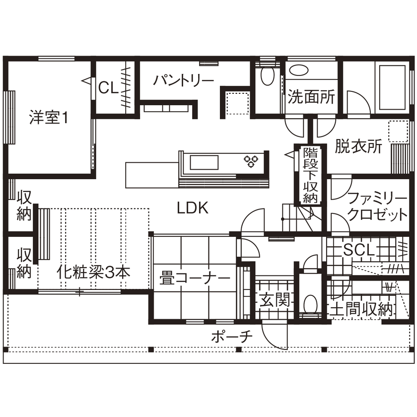 天然木の家　HODAKA 一級建築士事務所 【滋賀県・サイディング・3000万円台】ライフスタイルを天然木や動線で綿密に組み立てたサーファーズハウスの間取り図（4LDK）1階