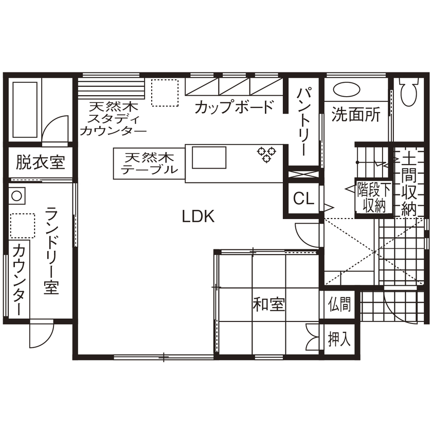 天然木の家　HODAKA 一級建築士事務所 【京都市/天然木/3000万円台】機能充実のキッチン、ランドリー室。家事ラク動線で子育ても安心・快適の間取り図（5K以上）1階