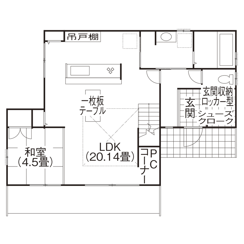 天然木の家　HODAKA 一級建築士事務所 【木の家/吹抜け/飾り柱/京都】好きなログハウスに学んだ木の香りのする家。施主と大工の熱意が結集した家の間取り図（4LDK）1階