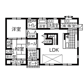 岡本住建 【2000万円台/50坪台/間取り図】無垢材、タイル、薪ストーブ…自然素材を生かし、耐震面でも安心な家の間取り図（5K以上）1階