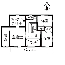 岡本住建 【2000万円台/50坪台/間取り図】無垢材、タイル、薪ストーブ…自然素材を生かし、耐震面でも安心な家の間取り図（5K以上）2階