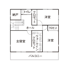 岡本住建 【2000万円台/30坪台/4LDK/間取り図】大収納に大満足！家計にやさしい太陽光発電＋オール電化の住まいの間取り図（4LDK）2階
