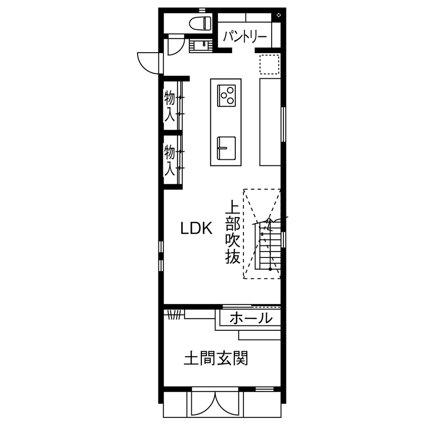 岡本住建 【価格1000万円台/2LDK/29坪台/間取り図】ガレージのように使える土間玄関。アイアン階段が映える男前な家の間取り図（2LDK＋WIC）1階