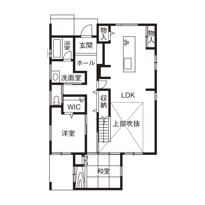 岡本住建 【2000万円台/3LDK/約40坪/吹き抜け】観葉植物が映える、自然素材たっぷりなヴィンテージスタイルの家の間取り図（3LDK）1階