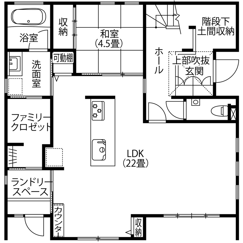 アサヒグローバルホーム 【1000万円台/間取り/30坪台/吹抜け】家事楽動線で生活がワンフロアで完結。大人センスな北欧テイストの家の間取り図（4LDK）１階