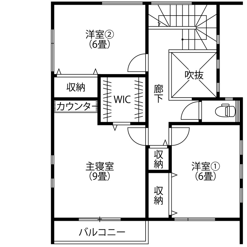 アサヒグローバルホーム 【1000万円台/間取り/30坪台/吹抜け】家事楽動線で生活がワンフロアで完結。大人センスな北欧テイストの家の間取り図（4LDK）２階