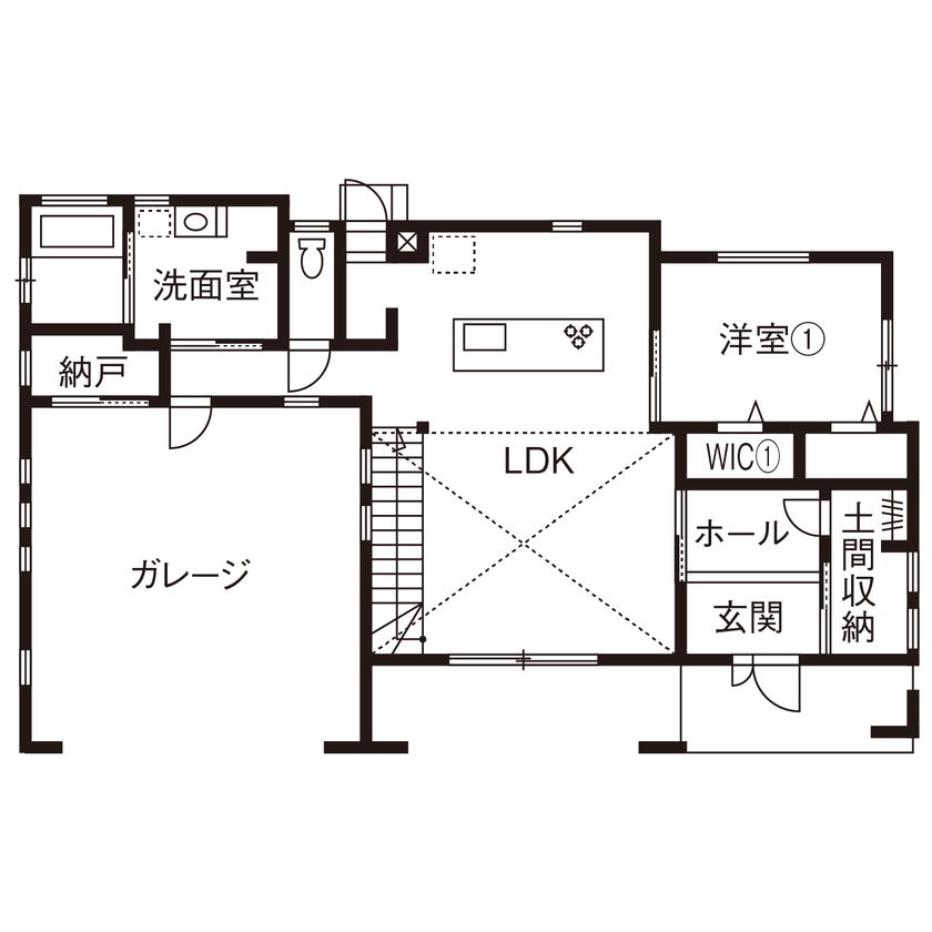 アサヒグローバルホーム 【2000万円台/間取り/ガレージハウス/アイランドキッチン】ガレージで趣味のバイクをメンテ 休日にはBBQもの間取り図（5K以上）1階