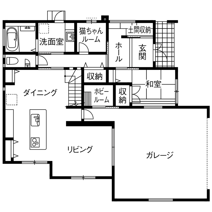 アサヒグローバルホーム 【2000万円台/間取り/ホテルライク】リビングから愛車を眺める、非日常を愉しむガレージハウスの間取り図（6LDK＋ガレージ）1階