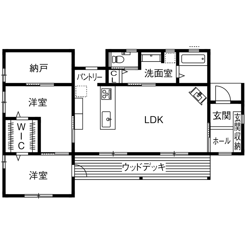 アサヒグローバルホーム 【1000万円台/間取り/平屋/薪ストーブ】夫婦のセカンドライフにちょうどいい、2LDKのコンパクトな平屋の間取り図（2LDK＋納戸）1階