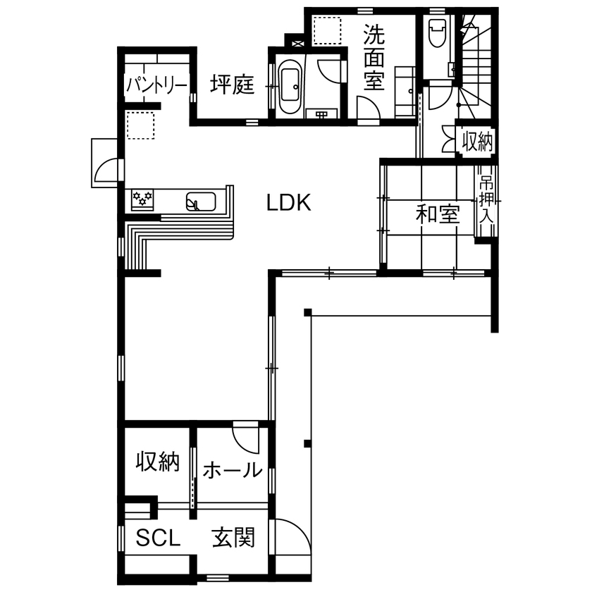 アサヒグローバルホーム 【1000万円台/間取り/坪庭/スタイリッシュ外観】北欧家具×和モダン。どこからでも庭を眺められるL字型の家の間取り図（4LDK＋フリースペース）1階