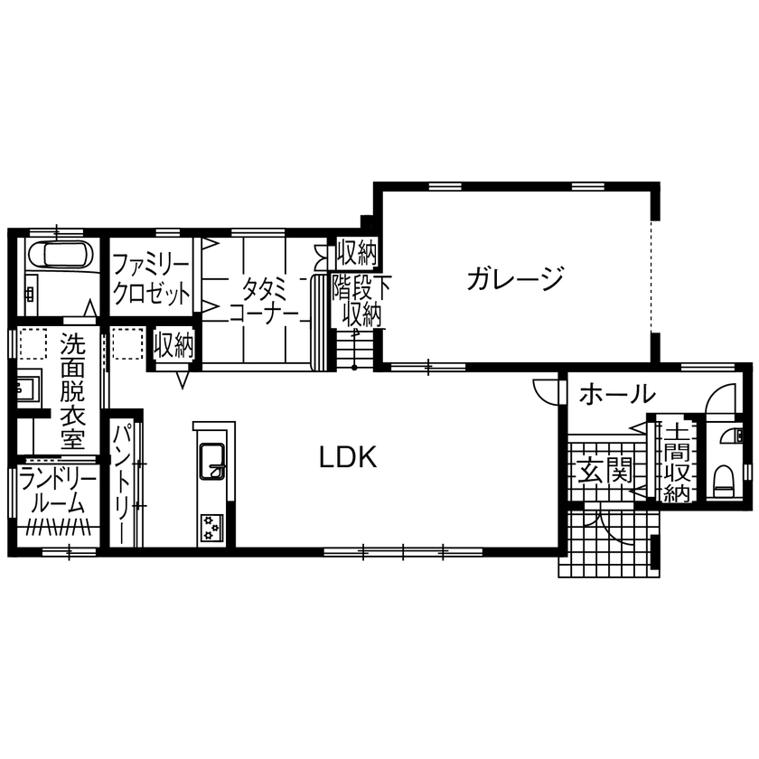 アサヒグローバルホーム 【1000万円台/間取り/約55坪/ガレージルーム】多趣味なパパのこだわり満載！BARとして楽しむガレージルームの間取り図（4LDK＋タタミコーナー）1階