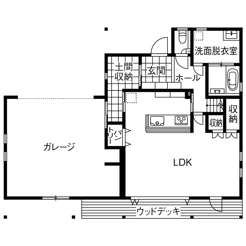 アサヒグローバルホーム 【2000万円台/間取り/ガレージ/カフェ風】定額プランをベースにこだわりを実現！西海岸風ガレージハウスの間取り図（3LDK＋小屋裏収納）1階
