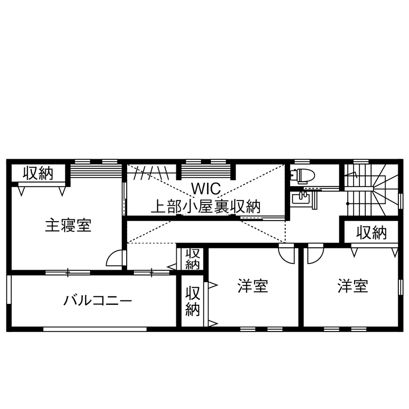アサヒグローバルホーム 【2000万円台/間取り/ガレージ/カフェ風】定額プランをベースにこだわりを実現！西海岸風ガレージハウスの間取り図（3LDK＋小屋裏収納）2階