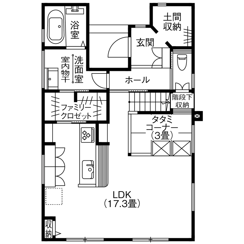 アサヒグローバルホーム 【1000万円台/間取り/30坪台/土間収納】明るいリビング×家事ラク回遊動線。「最初から予算が明確で安心！」の間取り図（3LDK＋タタミコーナー）1階