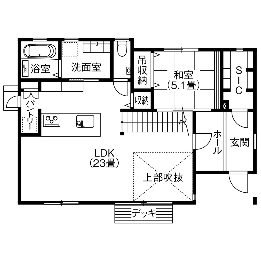 アサヒグローバルホーム 【1000万円台/間取り/30坪台/吹抜リビング】巧みな空間使いが光る擁壁を活かしたカーポートデッキがある家の間取り図（4LDK＋WIC＋ロフト）1階