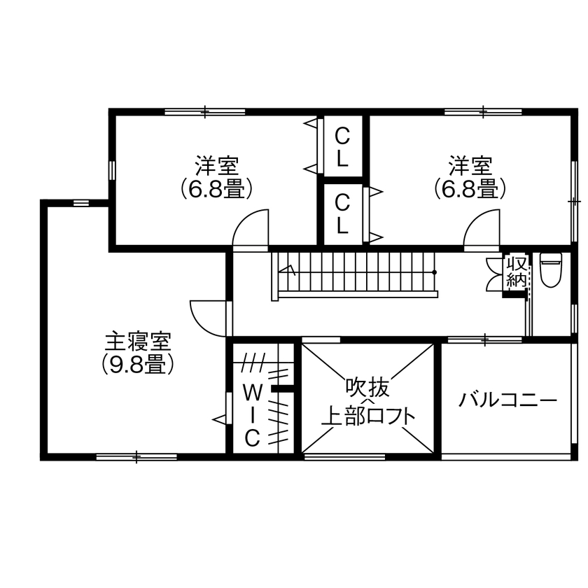 アサヒグローバルホーム 【1000万円台/間取り/30坪台/吹抜リビング】巧みな空間使いが光る擁壁を活かしたカーポートデッキがある家の間取り図（4LDK＋WIC＋ロフト）2階