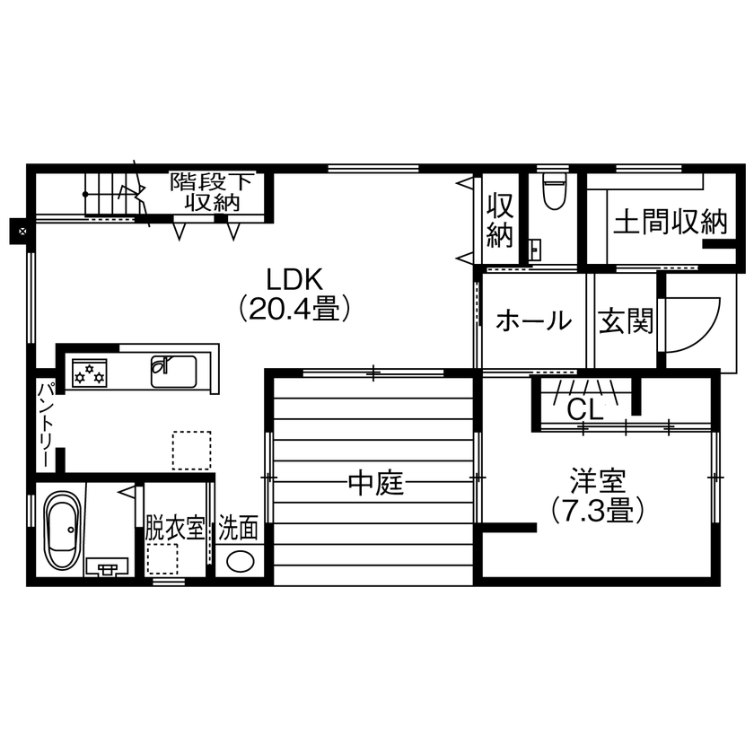 アサヒグローバルホーム 【2000万円台/間取り/30坪台/二世帯住宅】リビングから繋がる中庭。陽光差し込むタイル外壁のコの字型の家の間取り図（4LDK）1階