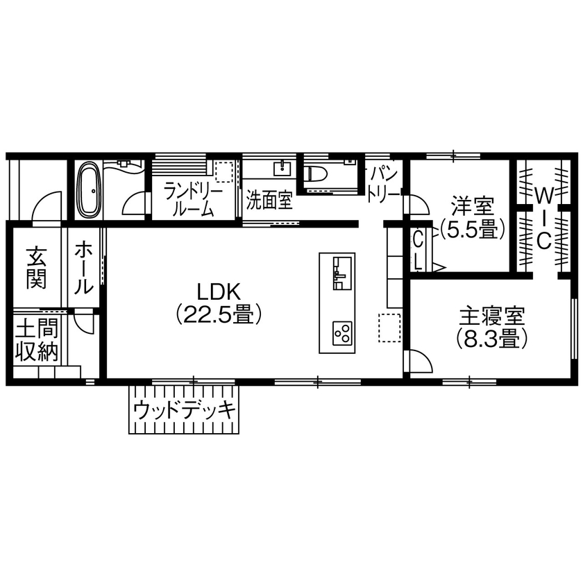 アサヒグローバルホーム 【2000万円台/間取り/家事導線】夫婦二人と愛犬でのんびり暮らす。ガルバリウム外観×モダンリビングの平屋の間取り図（2LDK＋WIC）1階