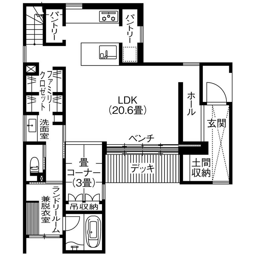 アサヒグローバルホーム 【2000万円台/間取り/40坪台/和モダン/自然素材】和を極めた、質感の美しい家。中庭で季節を感じる暮らしの間取り図（3LDK+畳コーナー+書斎）1階