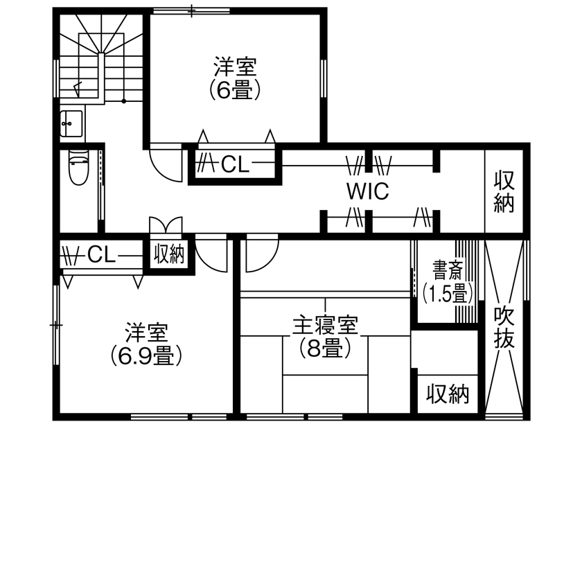 アサヒグローバルホーム 【2000万円台/間取り/40坪台/和モダン/自然素材】和を極めた、質感の美しい家。中庭で季節を感じる暮らしの間取り図（3LDK+畳コーナー+書斎）2階