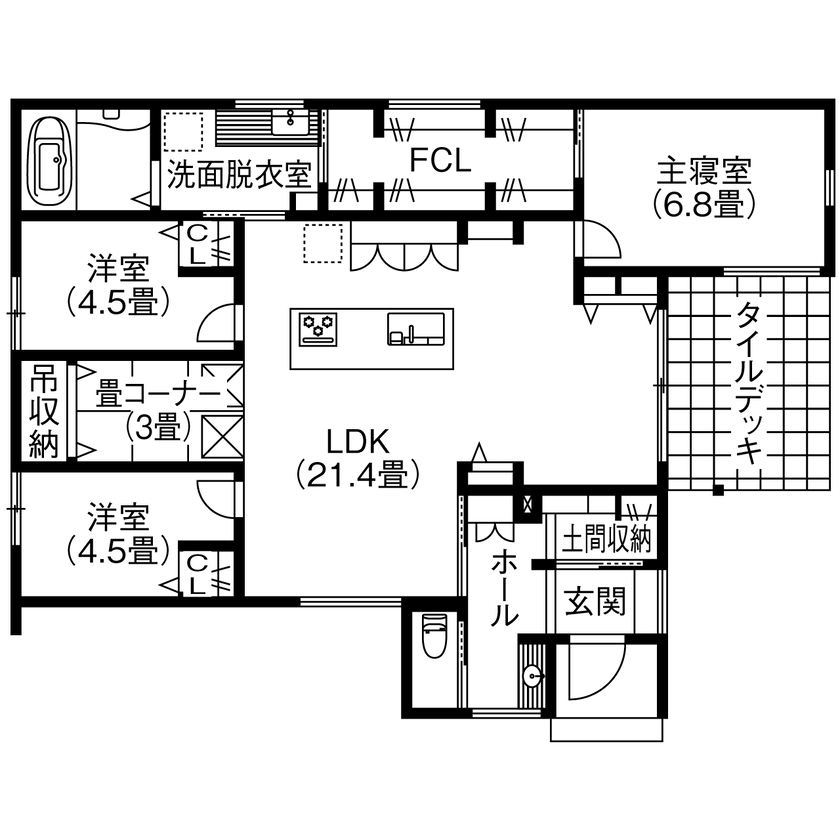 アサヒグローバルホーム 【2000万円台/間取り/20坪台/平屋/回遊動線】勾配天井の広々リビングが開放的！緑が彩るナチュラルな平屋の間取り図（3LDK+畳コーナー）1階