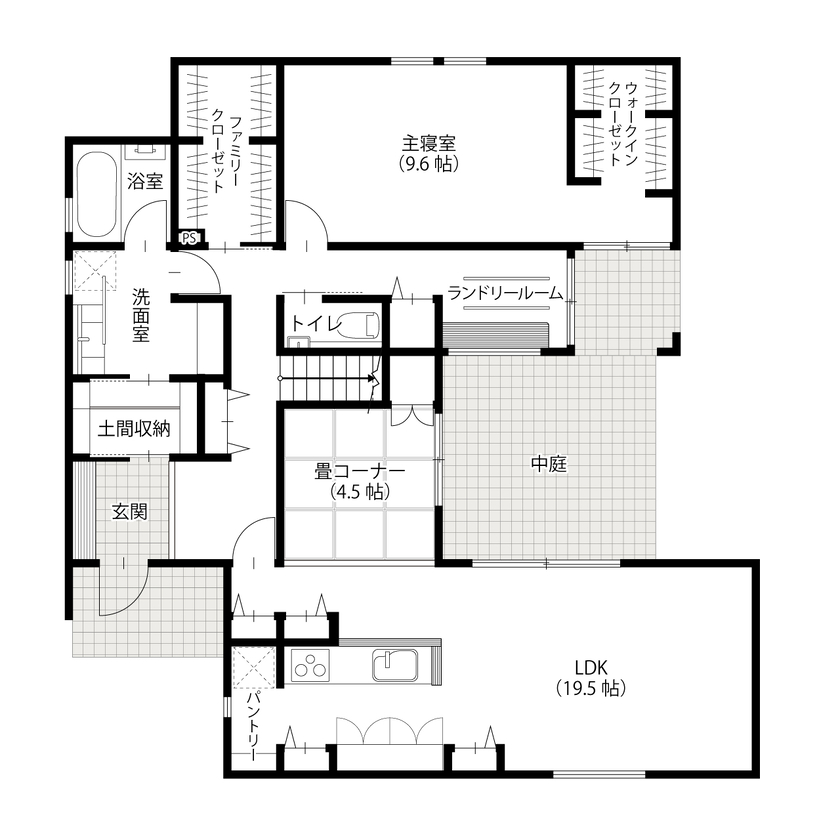 アサヒグローバルホーム 【間取り/40坪台/コの字型/吹き抜け】完全プライベートな中庭のある家の間取り図（3LDK+ロフト）1階