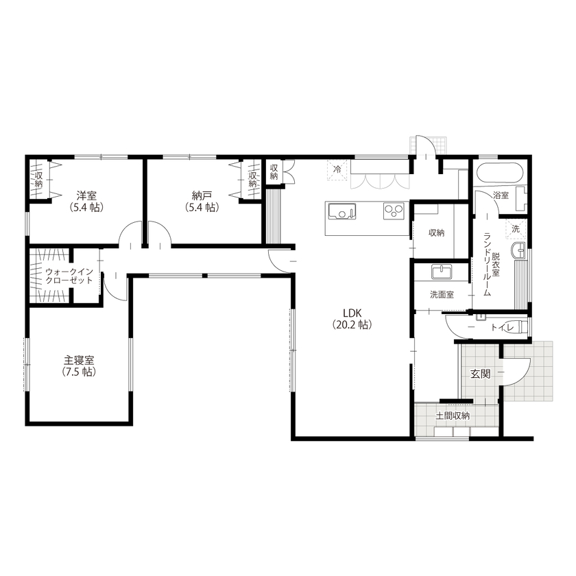 アサヒグローバルホーム 【四日市市/2000万円台/間取り/30坪台】コの字型配置で叶える、光と緑に包まれた中庭のある平屋の暮らしの間取り図（2KDK＋納戸）1階