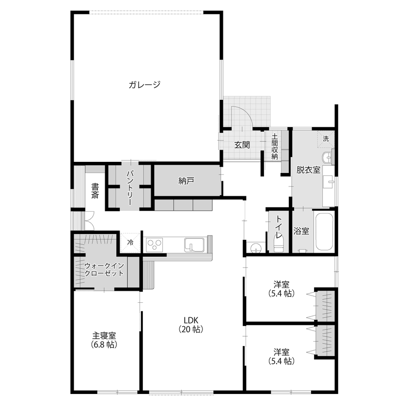 アサヒグローバルホーム 【2000万円台/間取り/40坪台/平屋】家事も育児もスムーズな塗り壁×ビルトインガレージがある和モダンの家の間取り図（3LDK＋ガレージ）1階
