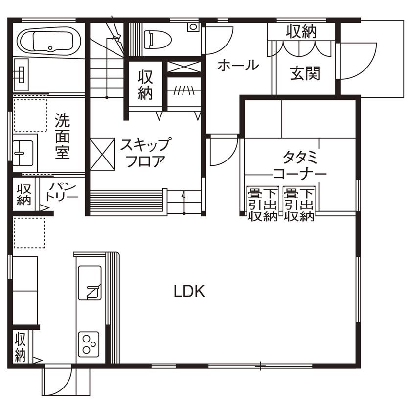 アサヒグローバルホーム 【1000万円台/間取り/約38坪/おしゃれな家】「決め手は、家事楽な間取り＆無理のない予算に合う家づくり」の間取り図（2LDK＋スキップフロア）1階