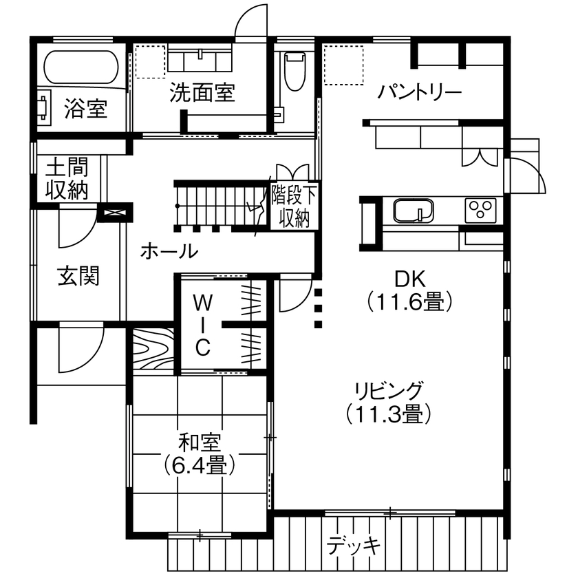 アサヒグローバルホーム 【1000万円台/間取り/40坪台/土間収納】白と木が心地いいシンプルモダン。収納充実＆大空間リビングの家の間取り図（5K以上）1階