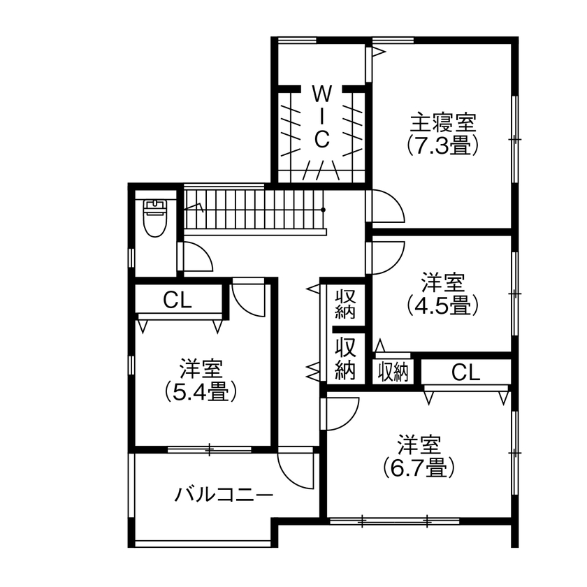 アサヒグローバルホーム 【1000万円台/間取り/40坪台/土間収納】白と木が心地いいシンプルモダン。収納充実＆大空間リビングの家の間取り図（5K以上）2階