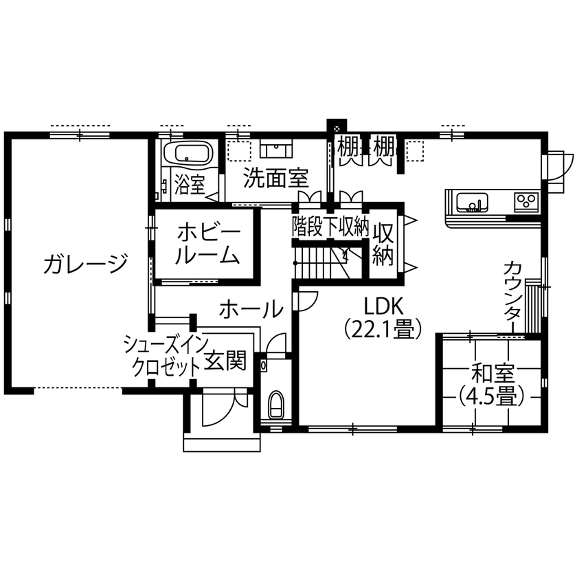 アサヒグローバルホーム 【間取り図掲載】リーズナブル×高品質な「インナーガレージ」。予算内で叶えたパパ待望の趣味の空間の間取り図（５LDK＋ホビールーム）１階