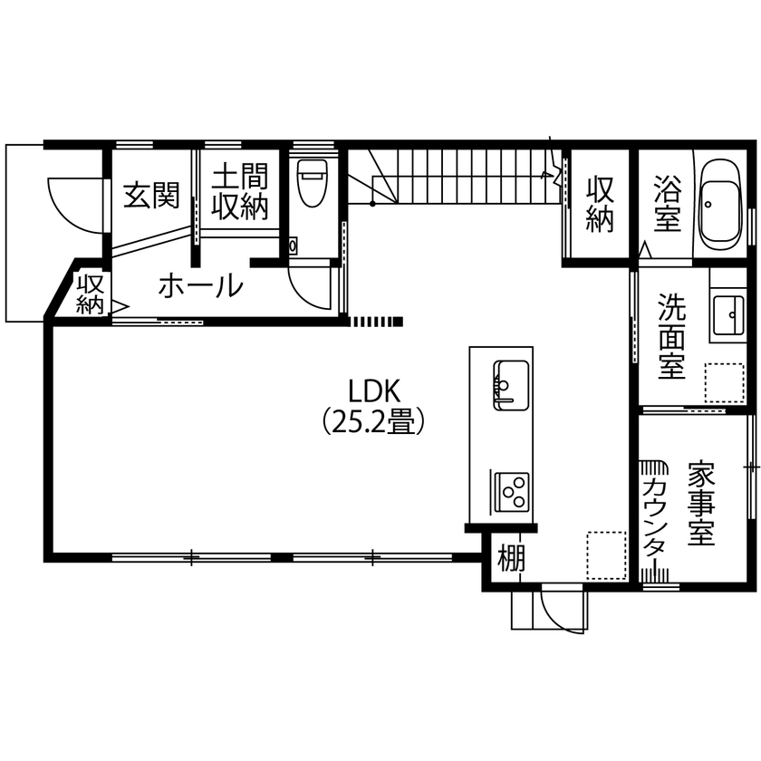 アサヒグローバルホーム 【1000万円台/間取り/約42坪/カフェ】予算内でディスプレイ棚やクロスなど憧れの「カフェ風インテリア」にの間取り図（４LDK＋家事室）１階