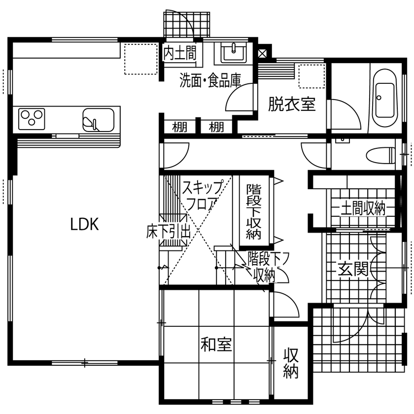 アサヒグローバルホーム 【1000万円台/間取り/約38坪/土間】土地探しも一緒に。スキップフロアや、回遊動線などアイデアが満載の家の間取り図（4LDK＋スキップフロア）1階