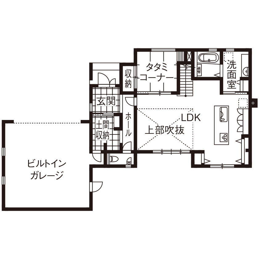 アサヒグローバルホーム 【1000万円台/間取り/ビルトインガレージ/土間】生活感を抑えて暮らせる、ホテルライクなガレージハウスの間取り図（4LDK＋ガレージ）1階