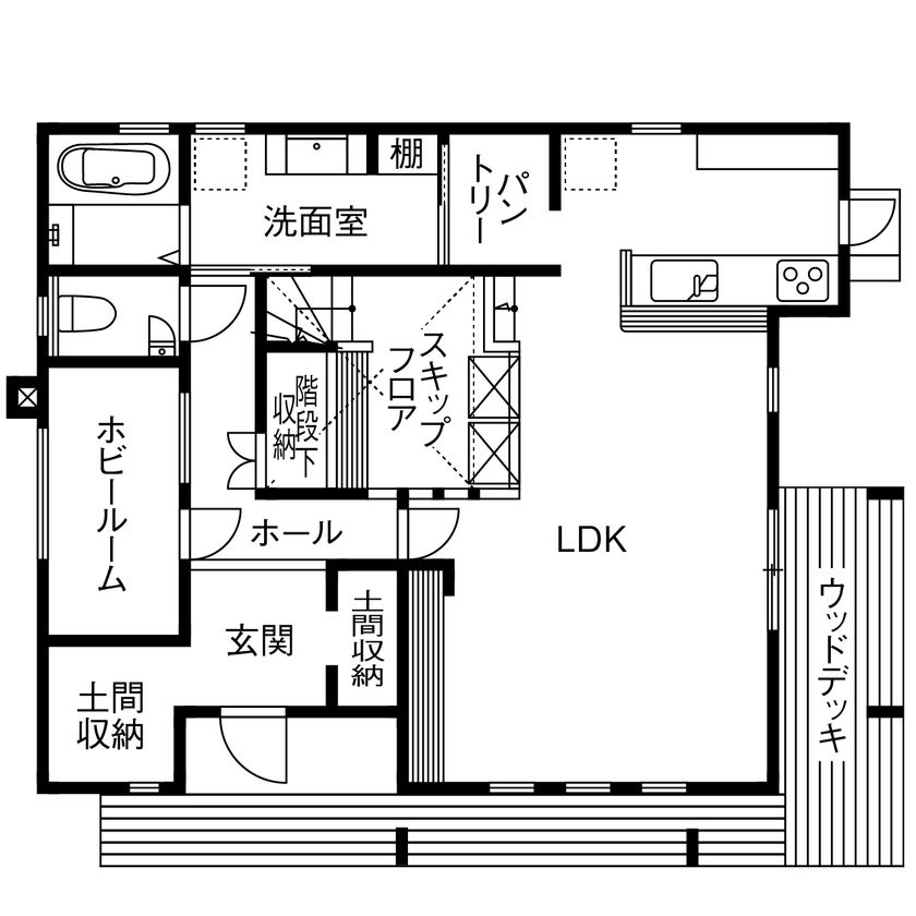 アサヒグローバルホーム 【1000万円台/間取り/30坪台/カフェ/スキップフロア】オープンデッキで過ごす、アーリーアメリカンな家の間取り図（4LDK）1階