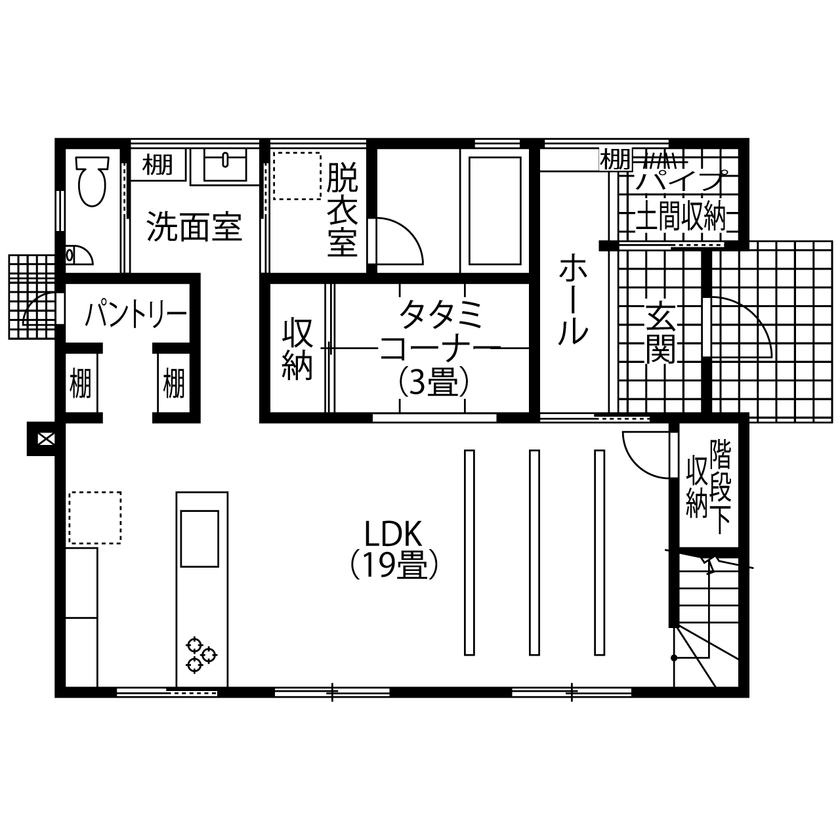 アサヒグローバルホーム 【1000万円台/間取り/約39坪/おしゃれな家】ヴィンテージテイストを追求！20代で無理なく理想を叶えた家の間取り図（6LDK）1階