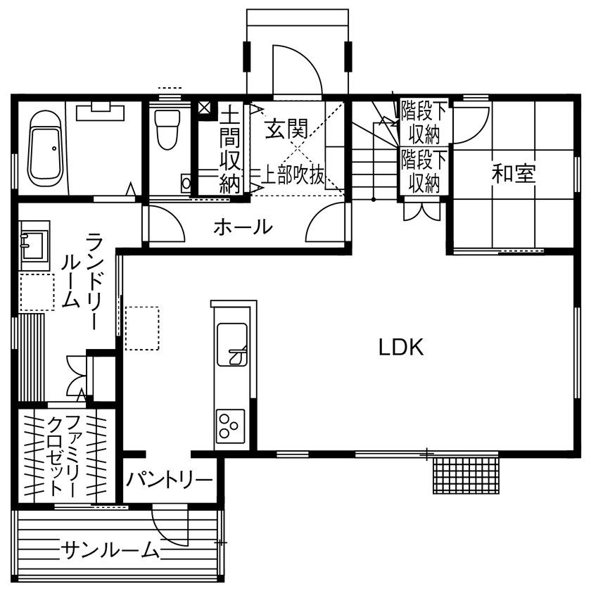 アサヒグローバルホーム 【1000万円台/間取り/30坪台/吹抜け玄関】回遊動線で家事ラク！サンルーム＆ランドリールームがある家の間取り図（4LDK＋サンルーム）1階