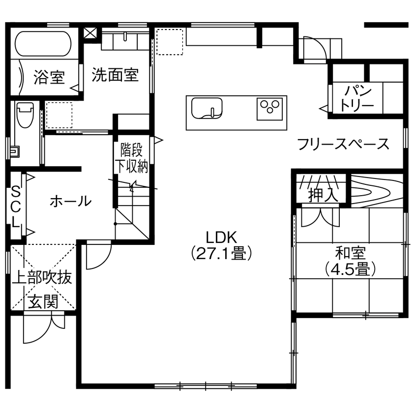 アサヒグローバルホーム 【2000万円台/間取り/40坪台/吹抜け玄関】総タイル張り外観×大空間リビング。「グレードUPしてもお手頃！」の間取り図（4LDK＋書斎）1階